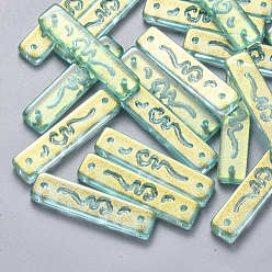 Medium Aquamarine Transparent Spray Painted Glass Links connectors, with Glitter Powder, Rectangle, Medium Aquamarine, 30x7x3mm, Hole: 1.2mm