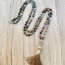 (RRHB277) Кристалл на подкладке из медово-бежевого цвета Ожерелья из натурального индийского агата с молитвенными бусами в форме мала, с длинной кисточкой и металлическим деревом жизни, для йоги-медитации, платина, 40.16 дюйм (102 см)