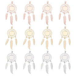 Mixed Color Alloy Pendant Cabochon Settings, Woven Net/Web with Feather, Mixed Color, Tray: 13.5mm, 70mm, Hole: 3x4mm, 3 colors, 4pcs/color, 12pcs/box