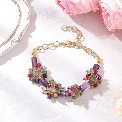 Смешанные камни Браслеты из натуральных бусин агата, белого нефрита и аметиста, латунные кабельные цепи браслеты для женщин, цветок, 8-1/2 дюйм (21.6 см)