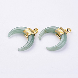 Зеленый Авантюрин Естественный зеленый авантюрин подвески, с латунной фурнитурой золотого цвета, двойной рог / полумесяц, 32~34x30~33x8.5 мм отверстие: 5x7 мм