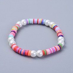 Mixed Color Eco-Friendly Handmade Polymer Clay Heishi Beads Kids Stretch Bracelets, with Glass Pearl Beads, Mixed Color, 1-3/4 inch(4.5cm)