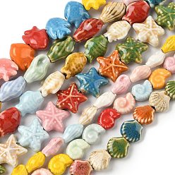 Mixed Shapes Фарфоровые бусины ручной работы, Тема океана, яркие глазированный фарфор, разнообразные, 13.5~21.5x10~22x5~10 мм, отверстие : 1.8~2.4 мм, около 20~27 шт / нитка, 13.78~15.94 дюйм (35~40.5 см)