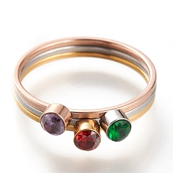 Mixed Color 304 Stainless Steel Finger Rings, Stackable Rings, with Rhinestone, Flat Round, Mixed Color, Mixed Color, US Size 7~7 3/4(17.3~17.9mm), 3pcs/set