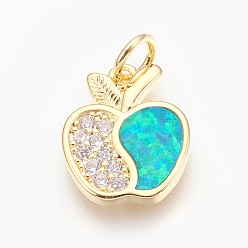 Золотой Латунные микро проложить кубического циркония подвески, с синтетическим опалом, яблоко, бирюзовые, золотые, 16x13x2 мм, отверстие : 4 мм