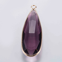 Purple Glass Pendants, with Brass Finding, Faceted, teardrop, Golden, Purple, 43x14x5.5mm, Hole: 2mm