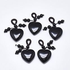 Schwarz Achat Natürlich gefärbte und erhitzte schwarze Achatanhänger, mit geflochtener Nylonschnur, Herz, 45~50 mm, Bohrung: 5~7 mm