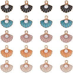 Mixed Color Zinc Alloy Enamel Pendants, with ABS Plastic Imitation Pearl, Shell Shape, Light Gold, Mixed Color, 15.5x14.5x6mm, Hole: 2mm, 5colors, 10pcs/color, 50pcs/box