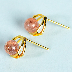 Strawberry Quartz Natural Strawberry Quartz Studs Earrings, Jewelry for Women, Golden, 9.8mm