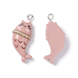 Indian Red Opaque Resin Pendants, Cat Fish Charm, with Platinum Tone Iron Loops, Indian Red, 29x12x7.5mm, Hole: 1.8mm