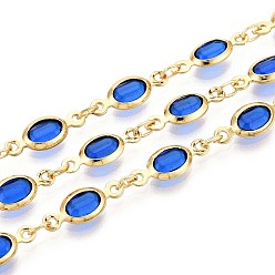 Королевский синий Латунные овальные звенья цепи, со стеклом, пайки, с катушкой, долговечный, золотые, королевский синий, 13.5x5x2~2.5 мм, около 32.81 футов (10 м) / рулон