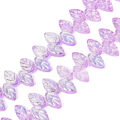 Lilas Plaquent verre transparent perles brins, feuille, de couleur plaquée ab , demi-plaqué, teint et cœur, lilas, 11~11.5x6.5~7x3~4mm, Trou: 0.8~0.9mm, Environ 98~100 pcs/chapelet, 18.90~19.29 pouce (48~49 cm)