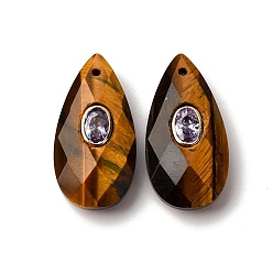 Тигровый глаз Природных тигровый глаз подвески, подвески в виде ограненных каплевидных камней с латунной микрофиброй из кубических цирконий, золотые, 25.5x13~13.5x6 мм, отверстие : 1 мм