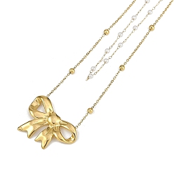 Золотой Вакуумное покрытие pvd 304 двухслойные ожерелья с подвесками-бантиками из нержавеющей стали и пластика с имитацией жемчуга, золотые, 15.39 дюйм (39.1 см)