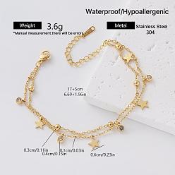 Star 304 Stainless Steel Pave Clear Cubic Zirconia Tassel 2-Strand Bracelets for Women, Golden, Star, 6.69 inch(17cm)