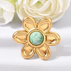 Qinghai Jade 304 Stainless Steel Cuff Open Rings for Women, Flower, with Natural Qinghai Jade, Ion Plating(IP), Golden, US Size 7(17.3mm)