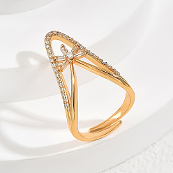 Прозрачный Кольца для женщин с микропаве из латуни и кубическими цирконами, v-образный с цветком, прозрачные, 25 мм, внутренний диаметр: 16мм~18мм