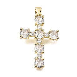 Clear Brass Pave Cubic Zirconia Pendants, Cross with Round Charms, Long-Lasting Plated, Cadmium Free & Lead Free, Real 18K Gold Plated, Clear, 31.5x21x4mm, Hole: 4x3.5mm