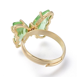 Dark Sea Green Adjustable Brass Glass Finger Rings, with Clear Cubic Zirconia, Butterfly, Golden, Dark Sea Green, Size 7, Inner Diameter: 17mm