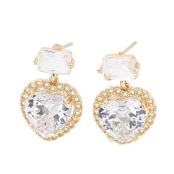 Light Gold Brass with Glass Dangle Stud Earrings, Heart, Light Gold, 21x14mm