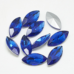 Sapphire Pointed Back Glass Rhinestone Cabochons, Back Plated, Faceted, Horse Eye, Sapphire, 15x7x4mm