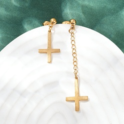 Золотой Христианский перевернутый крест 201 Серьги-гвоздики из нержавеющей стали, асимметричные серьги с 304 штифтами из нержавеющей стали, золотые, 27.5~48x12.5 мм