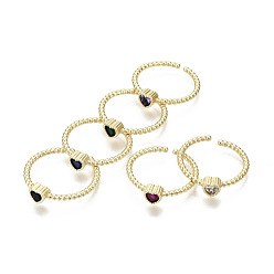 (52) Непрозрачная лаванда Латунные микро проложить манжеты кольца кубического циркония, открытые солитерные кольца, без никеля , сердце, реальный 16 k позолоченный, разноцветные, размер США 7 1/4 (17.5 мм)