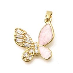 Настоящее золото 18K Латунные подвески с фианитами, с emanel, бабочки прелести, долговечный, реальный 18 k позолоченный, 17x16.5x3 мм, отверстие : 5x3 мм
