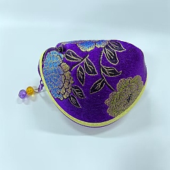 Dark Violet Retro Fan-Shaped Cloth Zipper Pouches, with Beads and Flower Pattern, Dark Violet, 6x10x6cm