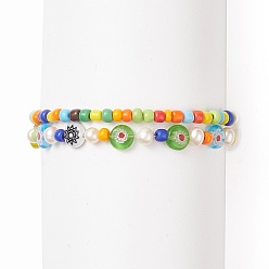 Mixed Color 2Pcs 2 Style Natural Pearl & Lampwork Flower & Glass Seed Beaded Stretch Bracelets Set for Women, Mixed Color, Inner Diameter: 2 inch(5.2cm), 1Pc/style