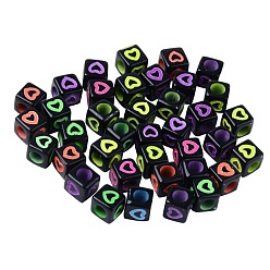 Black Opaque Black Acrylic European Beads, Large Hole Beads, Cube with Mixed Color Heart, 7x7x7mm, Hole: 4mm, about 760~800pcs/200g