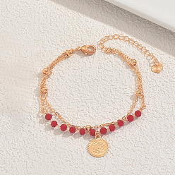 Красный Старинные многорядные браслеты из сплава, браслеты с подвесками в виде монет для женщин, с пластиковым, красные, внутренний диаметр: 7-1/8 дюйм (18 см)