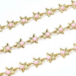 Pink Brass Link Chains, with Enamel, Spool, Long-Lasting Plated, Unwelded, Star, Golden, Pink, Link: 9x6.1x1.5mm