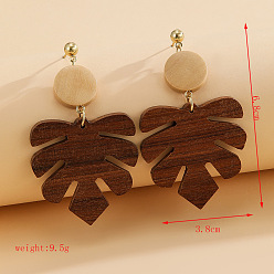 Hoja Pendientes colgantes de aleación de madera con botón, dorado, hoja, 68x38 mm