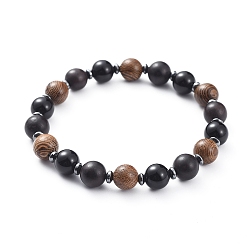 Schwarz Achat Natürliche schwarze Stretch-Armbänder, mit nichtmagnetischen synthetischen Hämatitperlen und Holzperlen, Rund & abacus, 2 Zoll (5.2 cm)