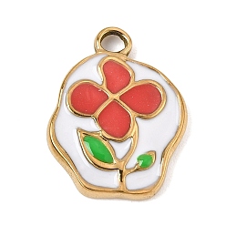 Red 303 Stainless Steel Enamel Pendants, Nuggets with Flower Charms, Ion Plating(IP), Golden, Red, 21x16x2.5mm, Hole: 2.5mm
