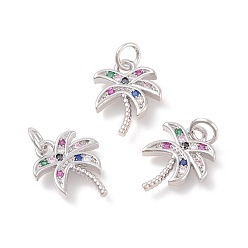 Platinum Brass Micro Pave Cubic Zirconia Pendants, Coconut Tree, Colorful, Platinum, 18.5x14x2mm, Hole: 4mm