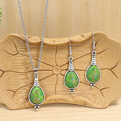 Желто-Зеленый Комплекты из ожерелий и висячих серег из сплава и акрила в форме капли, античное серебро, желто-зеленый, 390~450 мм и 52x15 мм