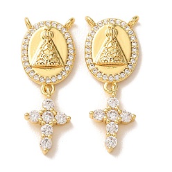 Real 18K Gold Plated Brass Micro Pave Clear Cubic Zirconia Pendants, Cross with Oval & Nossa Senhora Aparecida Charms, Real 18K Gold Plated, 29x11x3mm, Hole: 1.4mm