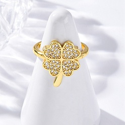 Настоящее золото 18K Латунные кольца-манжеты с микропаве и прозрачным цирконием для женщин, без кадмия, без никеля и без свинца, клевер, реальный 18 k позолоченный, 17x13 мм, размер США 6 (16.5 мм)
