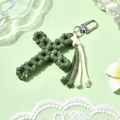 Темно-оливково-зеленый Хлопок подвесные украшения, с поворотными застежками сплава, крестик, платина, темно-оливковый зеленый, 118 мм