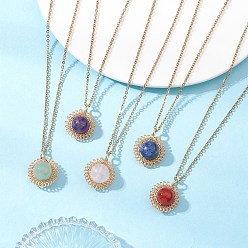 Смешанные камни Подвеска-цветок из медной проволоки с натуральным аметистом, зеленым авантюрином, розовым кварцем, лазуритом и сердоликом 304 Женские ожерелья-цепочки из нержавеющей стали, золотые, 17.68 дюйм (44.9 см)