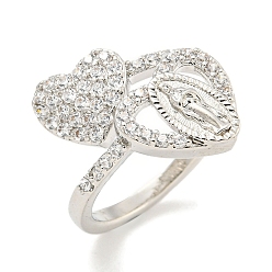 Платина Кольцо-манжета из латуни с микропаве и цирконием в форме сердца и Девы Марии для женщин, без кадмия и без свинца, долговечный, платина, внутренний диаметр: американский размер 7 1/4 (17.5 мм)