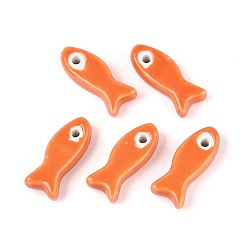 Темно-Оранжевый Ручной фарфоровые керамические шарики, рыба, яркие глазированный фарфор, темно-оранжевый, 24~25x10x6 мм, отверстие : 2 мм