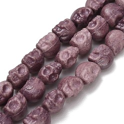 Pale Violet Red Vintage Handmade Porcelain Beads Strands, Skull, Fancy Antique Glazed Porcelain, Pale Violet Red, 7.5x6.5x7mm, Hole: 1mm, about 50pcs/strand, 15.20''(38.6cm)