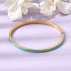 Turquoise 304 Stainless Steel Enamel Hinged Cuff Bangles for Women, Ion Plating(IP), Real 18K Gold Plated, Turquoise, Inner Diameter: 1.97x2.36 inch(5x6cm)