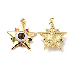 Sienna Brass Micro Pave Colorful Cubic Zirconia Pendants, with Resin, Real 18K Gold Plated, Star with Evil Eye, Sienna, 32x29.5x7mm, Jump Ring: 6x1mm, Inner Diameter: 4mm