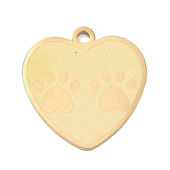 Oro 304 colgantes de acero inoxidable, dijes de corazón con huellas de patas, Pulido, revestimiento de iones (ip), dorado, 20.5x20x1.5 mm, agujero: 1.9 mm