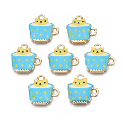 Turquoise Foncé Charmes d'émail d'alliage de placage de support, sans nickel et sans plomb, tasse avec chat, turquoise foncé, 15x15x1.9mm, Trou: 1.8mm