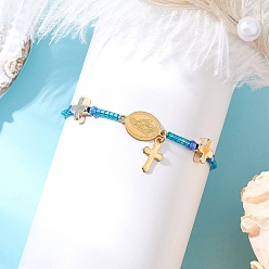 Светло-Голубой Регулируемые браслеты из нейлонового шнура с плетеными бусинами, 304 Браслеты из нержавеющей стали с подвесками в виде Девы Марии и креста для женщин, со стеклянными бисеринами, Небесно-голубой, внутренний диаметр: 2-3/8~3-3/8 дюйм (6~8.5 см)